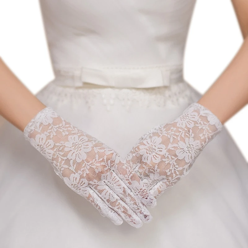 E15E Damen Blumenspitze Weiß Kurze Handschuhe Vollfinger Handgelenk Länge Solide Braut Hochzeit Vintage Gehäkelte Sonnencreme