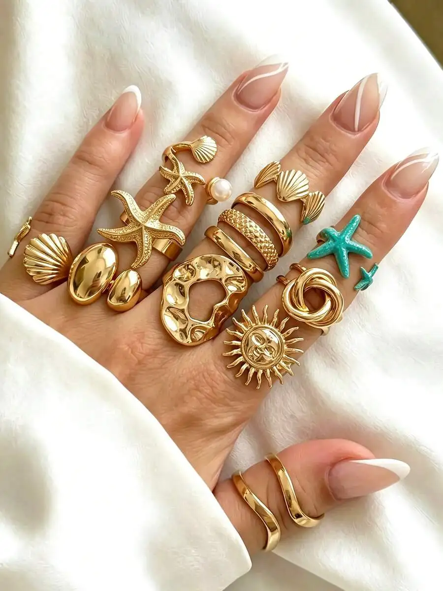 11pcs Vintage Boho Gold Sea Shell Starfish Sun Ring Set for Women