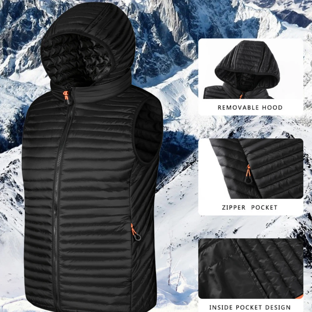 

Autumn Winter Vest Men Jackets Cotton Coat Sleeveless Cardigan Hooded Parkas Warm Lightweight Tops Luxury Brand Outerwear New