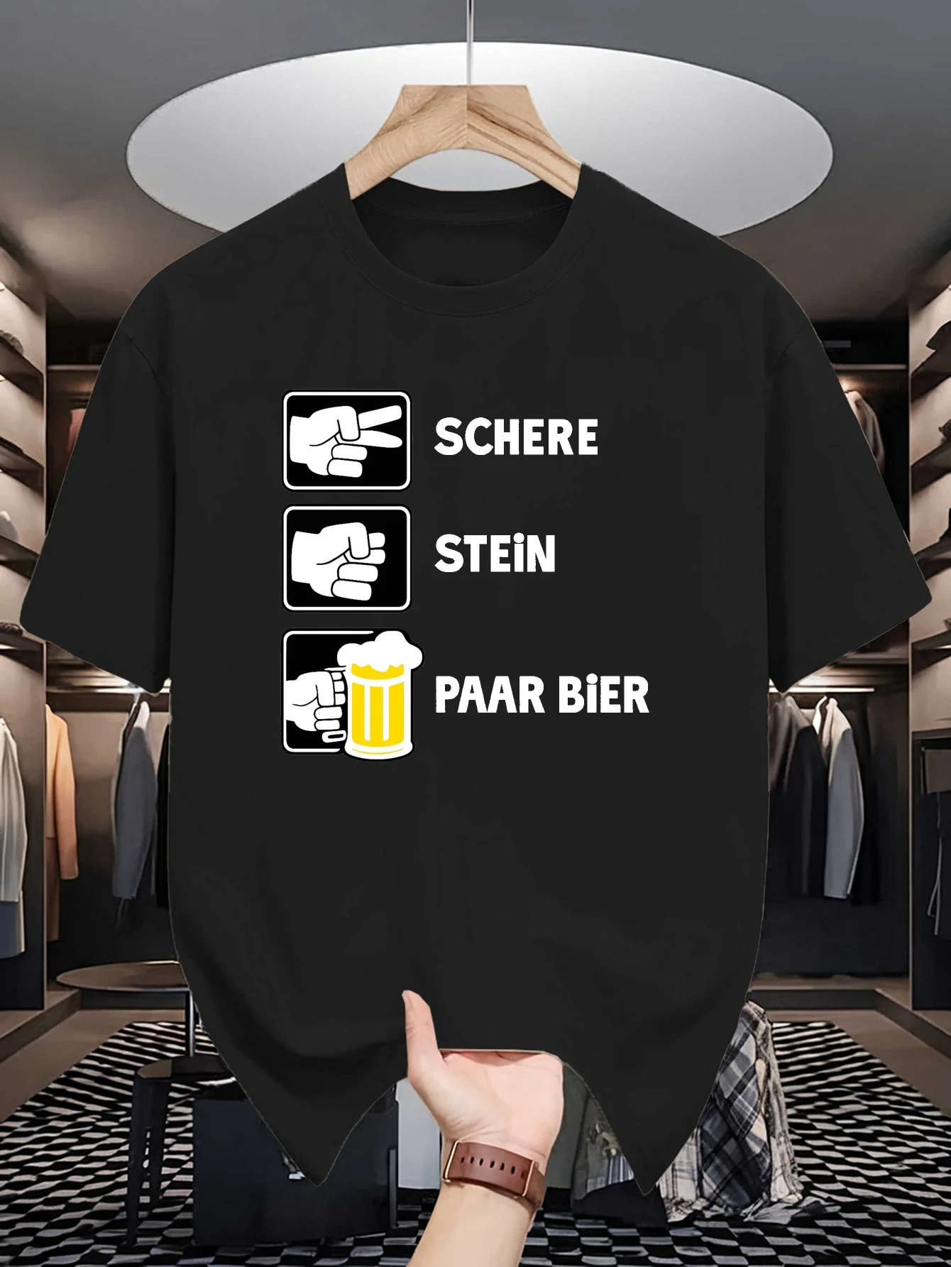 German Bar Humor Schere Stein Paar Bier Print Mens Crew Neck T Shirt Hand Symbol Beer Cup Graphic Short Sleeve Cotton Street Tee