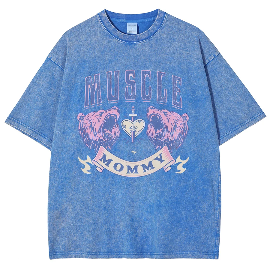 Muscle Tiger Letter Print Loose Retro T-Shirt Fashion Trend Round Neck Pullover Shoulder Oversize New Short Sleeves