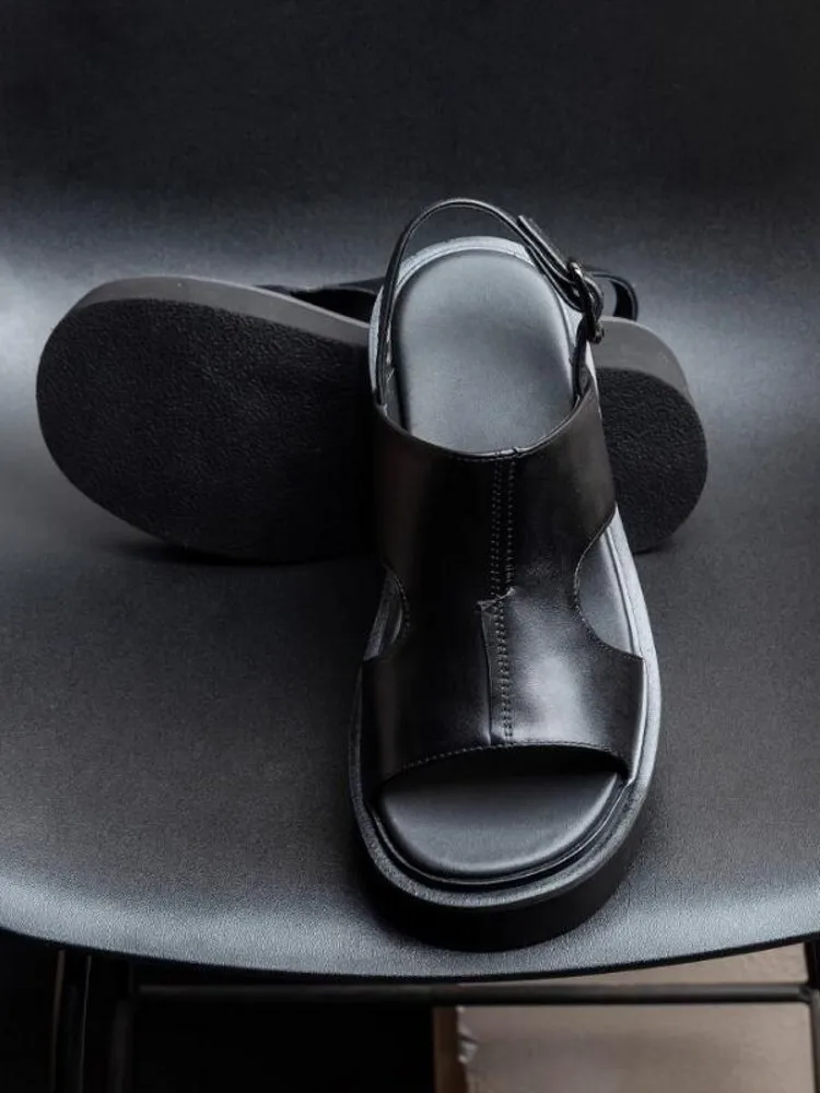Summer Mens Thick Platform Cowhide Genuine Leather Sandals Buckle Strap Height Increasing Sandals Hollow Out Breathable Shoes