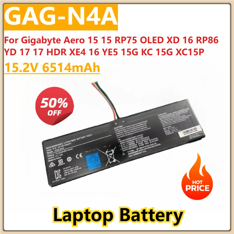 

New Laptop Battery 15.2V 6514mAh GAG-N4A For Gigabyte Aero 15 15 RP75 OLED XD 16 RP86 YD 17 17 HDR XE4 16 YE5 15G KC 15G XC15P