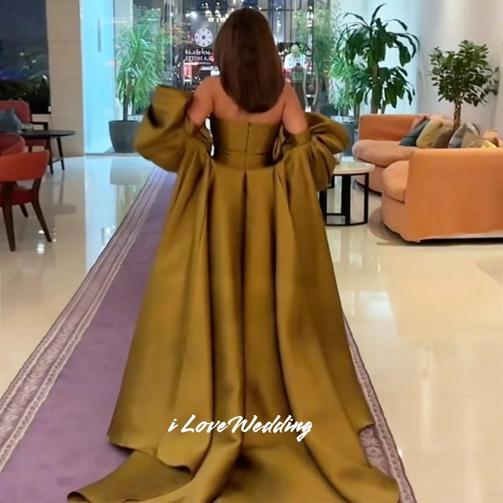 Gold Strapless Evening Dresses 2025 Satin Puffy Sleeves Mermaid Floor-Length Sweep Train Pleated Wedding Party Dress Customized