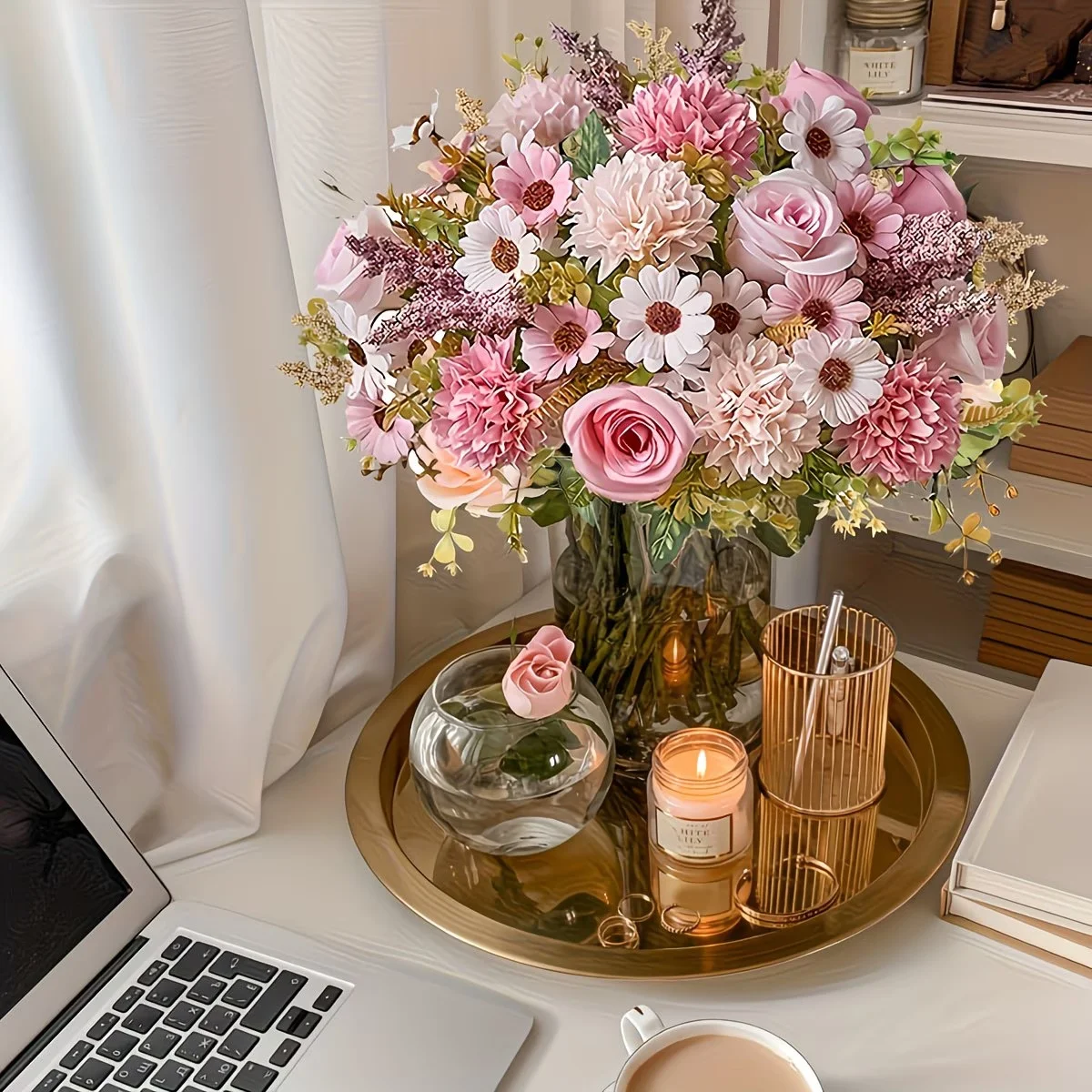 1 künstlicher Rosenstrauß (ohne Blumenkorb), handgehaltener Blumenkranz, Simulationsblume, Gänseblümchen, Hochzeitsdekorationsstrauß – Detail 5