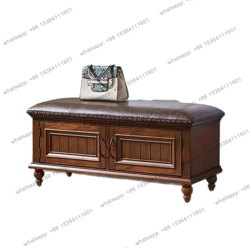 White Chinese wood American all-solid wood shoe changing stool Household storage shoe cabinet Long sofa stool