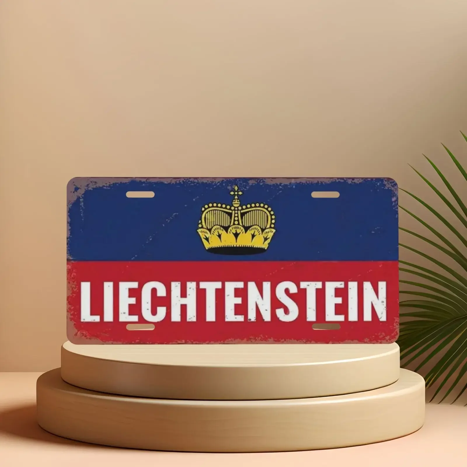 Vintage Aluminum Metal Sign Liechtenstein Flag Crown & Stripes Design Red & White With Black Text Retro Wall Art Plaque for H