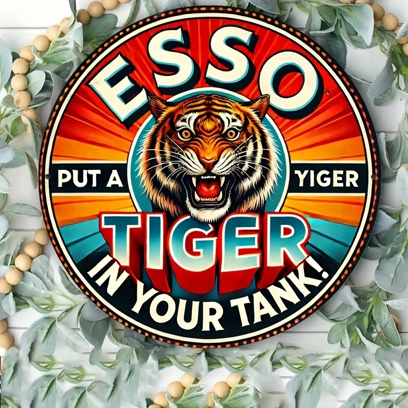 [2D Flat] 1 Stück Retro-Esso-Tiger-Metallschild – 20,3 x 20,3 cm große Aluminium-Wandkunst mit „Put a Tiger in Your Tank“-Design, lebendiger Retro-Stil