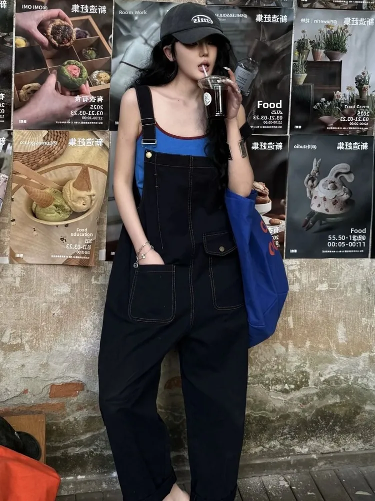 ชุดเอี๊ยมยีนส์อเนกประสงค์สไตล์ฮ่องกง พร้อมเสื้อกล้ามด้านใน ดีไซน์หลวมสไตล์ชุดทำงาน กางเกงขายาวเอวสูง ชุดสูทผู้หญิง