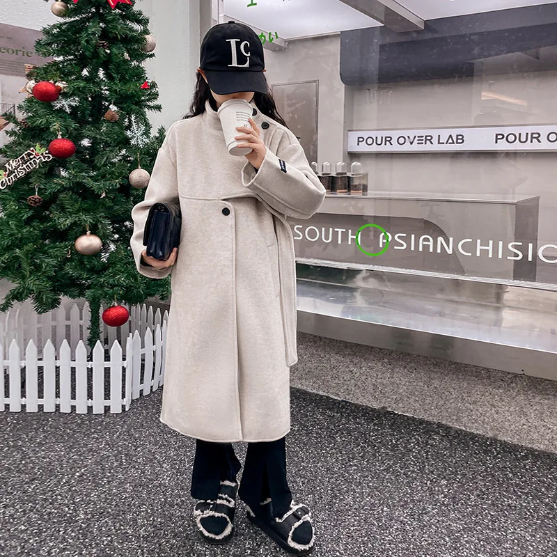 

Girl Top 2023 New Autumn Winter Korean Fashion Style Wooll Coat Baby Girl Retro Solid Mid Length Double Faced Woolen Coat