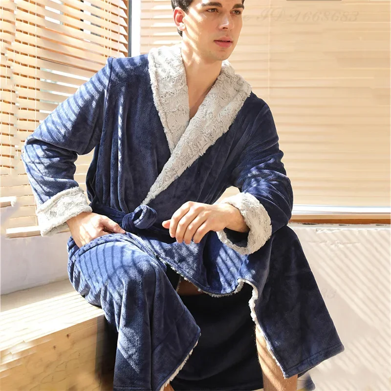 Men's Long Robe Lounge Wear  Winter Thicken Sleepwear Casual Coral Fleece Bathrobe Nightwear  Couple Flannel Loose Home Clothes