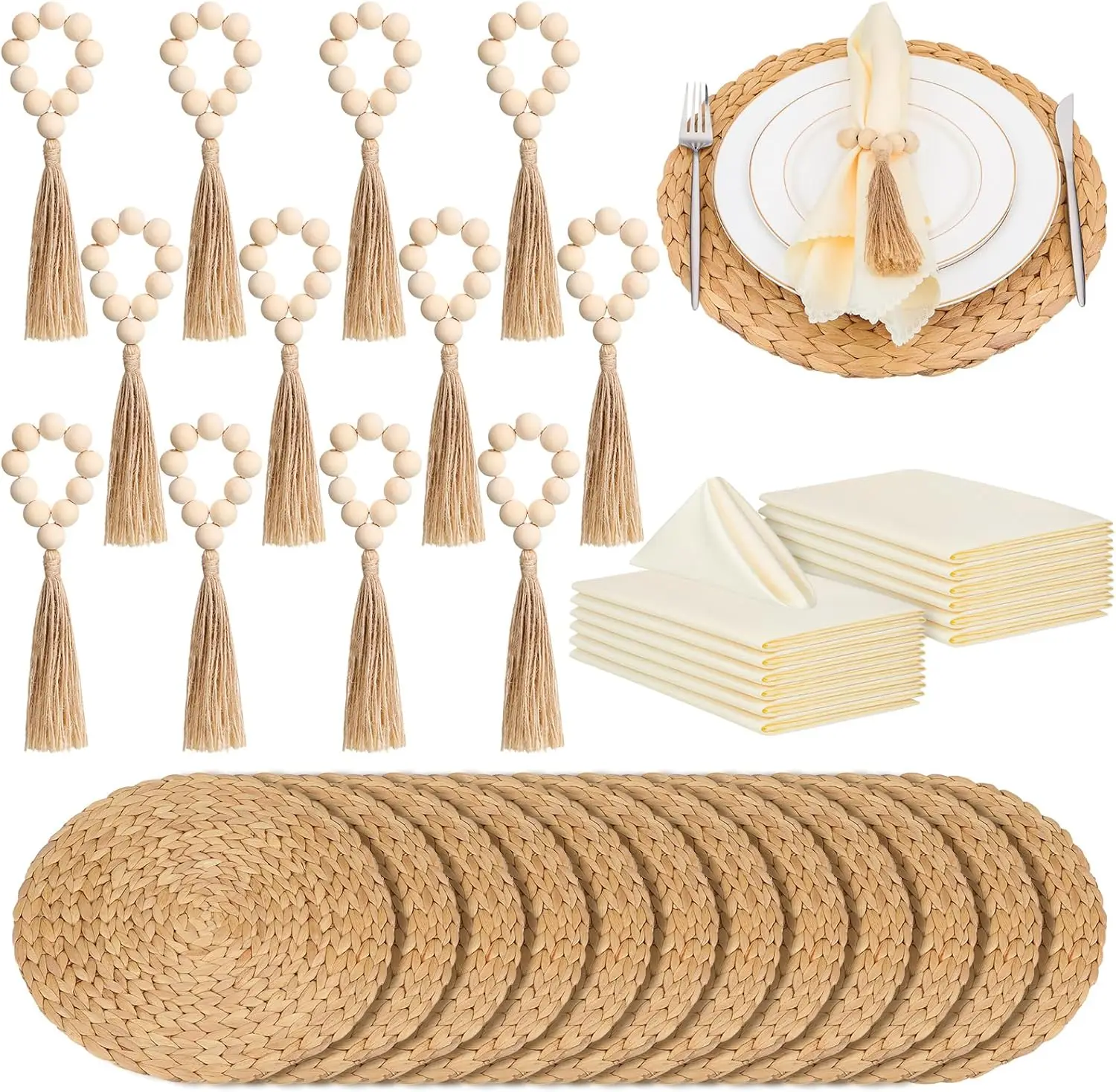 

36 Pcs Boho Woven Placemats with Wood Bead Napkin Rings and Cloth Napkins for Farmhouse Rustic Tables