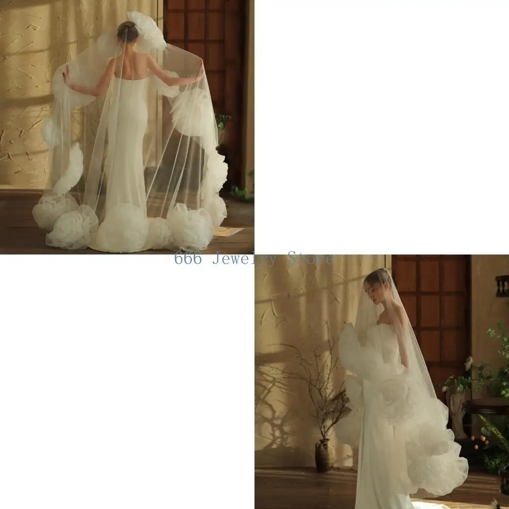 

F2TD 3 Meter Long Floor Veil Wedding Gown Veil with Handcraft Roses Designs for Wedding Photography Ceremony Head Accessory