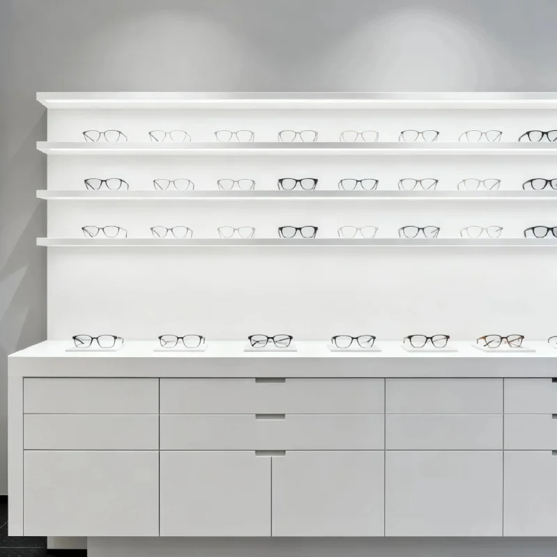 custom.Modern Customizable Color High Gloss LED Lit Optical Display Counter Tiered Shelf Minimalist Eyewear Showcas