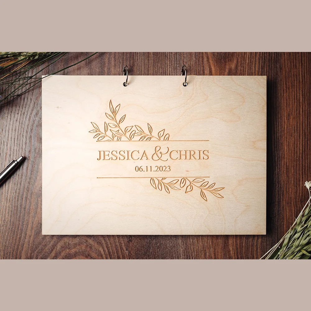 Custom Wedding Guestbook Personalized Wooden Wedding Decorations Rustic Message Book Engraved Wreath Logo Name Date for Guests