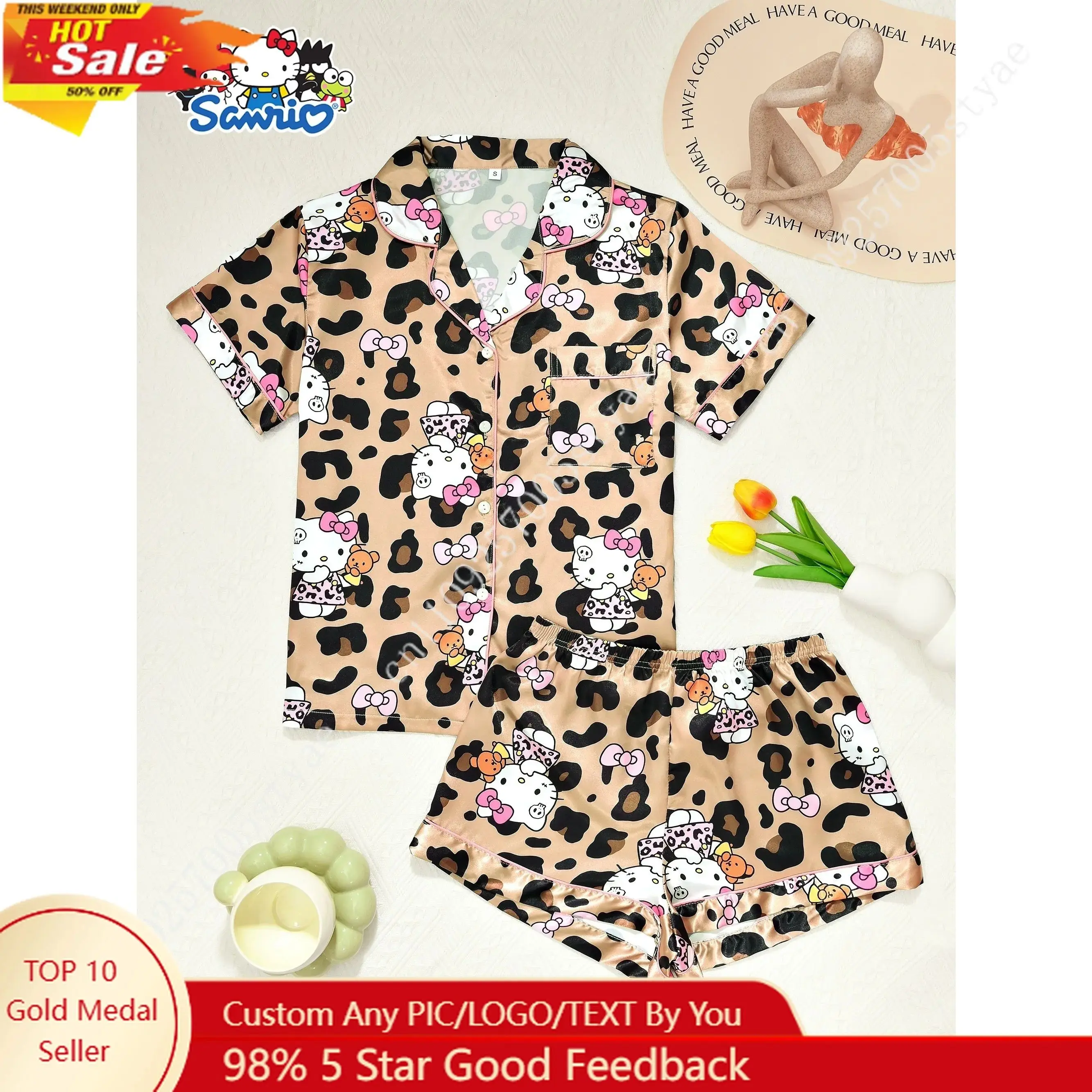 

Hello Kitty Leopard Print Woman Pj Set Sanrio Cartoon Short Sleeve Shorts Soft Summer Pajama Set Silk Home Wear Loose Sleepwear