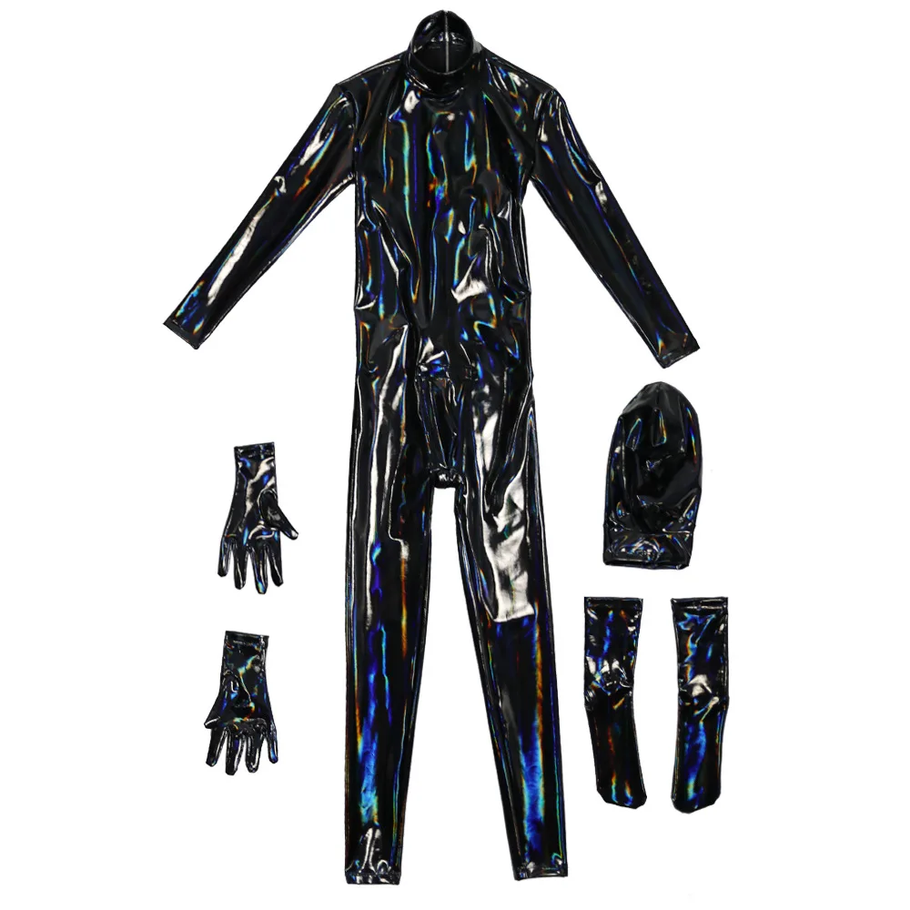 Faux Latex Leather PVC Dazzle Colour All-Linclusive Bodysuit Cosplay Bottom Crotch Zip Full Coat Zentai Tight Catsuit Jumpsuits