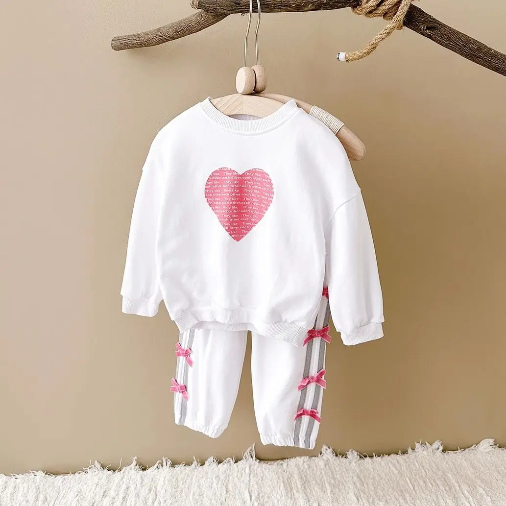 INS Spring Baby Girls Clothing Set Bow Heart Printed Letter Sweatshirt Long Sleeves+Pants Sweet Style Pullover Newborn 0-4Y