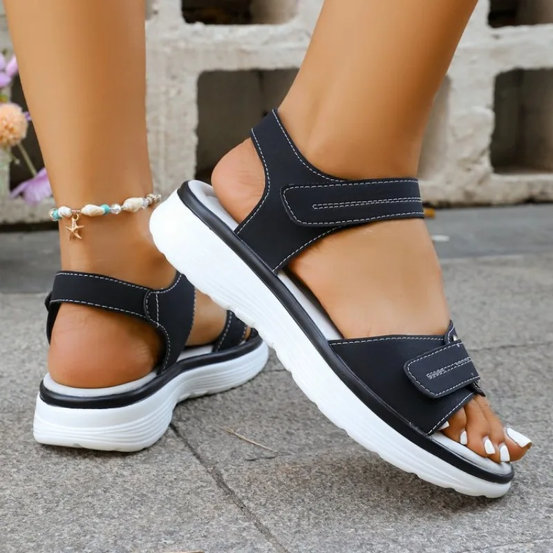 Women's Thick Sole Platform Sandals Open Toe Adjustable Ankle Strap Contrast Stitching Cutout Smooth Finish Casual Summer Shoes