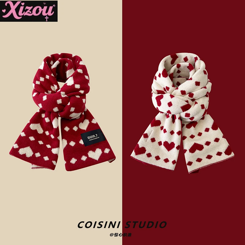 

Japanese Sweet Love Red Double-sided Wool Scarf Female Autumn and Winter Warm Versatile Student Knitted Scarf Trendy for Women
