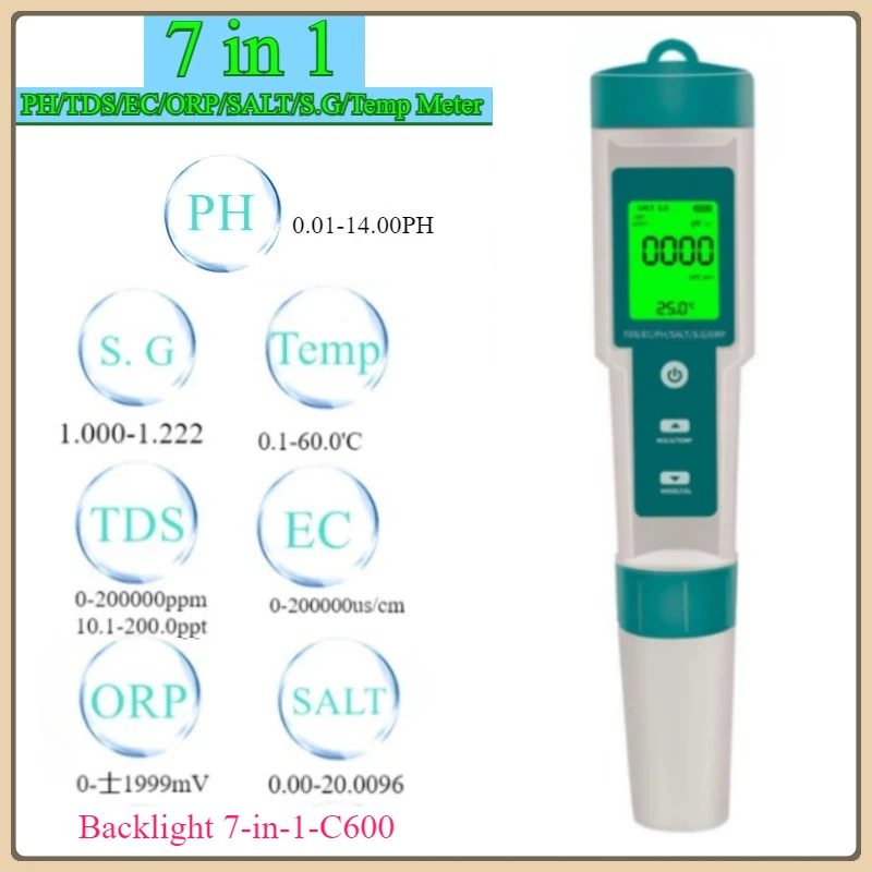 COM-600 7 في 1 PH TDS EC ORP الملوحة S. G مقياس الحرارة مراقبة جودة المياه اختبار IP67 لمياه الشرب وأحواض السمك مقياس درجة الحموضة