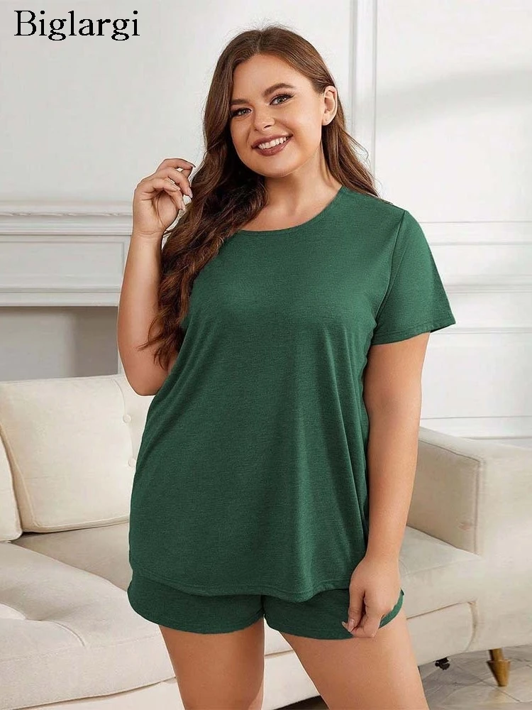 

Plus Size Summer 2 Two Piece Set Women Short Sleeve Pullover Casual Fashion Ladies Blouses Loose Mini Woman Shorts
