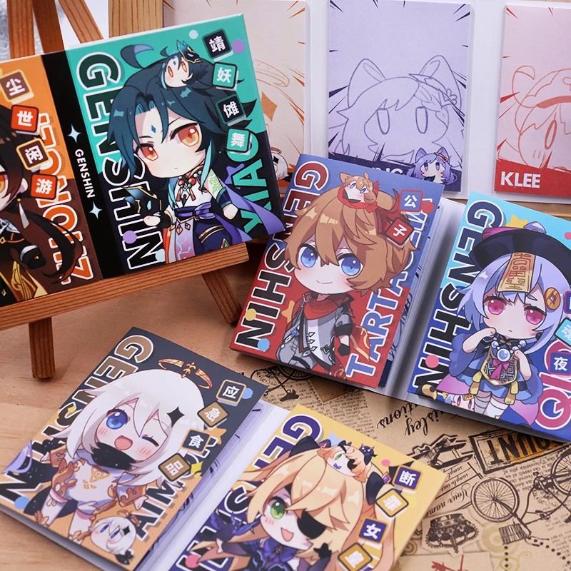 

2021 Anime Genshin Impact Cute Sticky Note Memo Pads Note Paper Notebook Cosplay Zhongli Klee Tartaglia Hutao Notepad Stationery