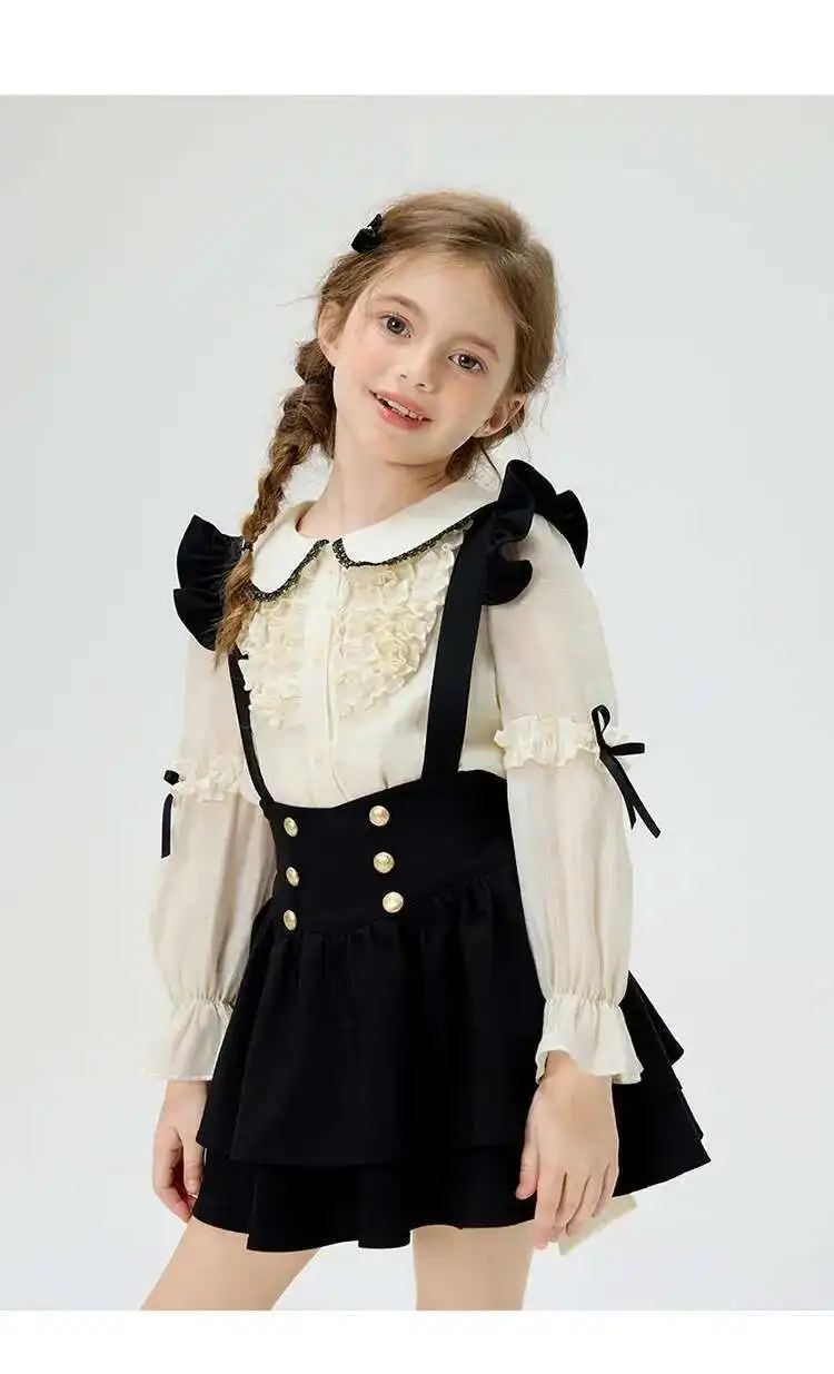 

New Baby Girls Fall Boutique Teenage Fashion Sets Blouse + Suspend Dress Princess Cute Suits 4-10T