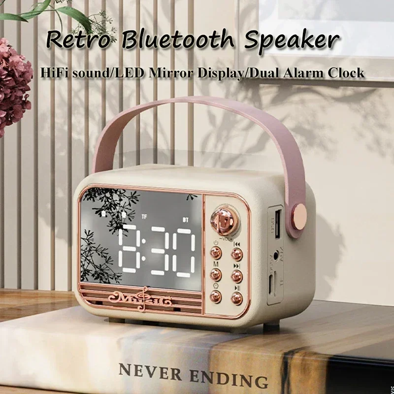 

Speaker Retro Bluetooth LED Mirror Classical Music Player HIFI Stereo Sound with Time Display Dual Alarm Clock Support TF AUX