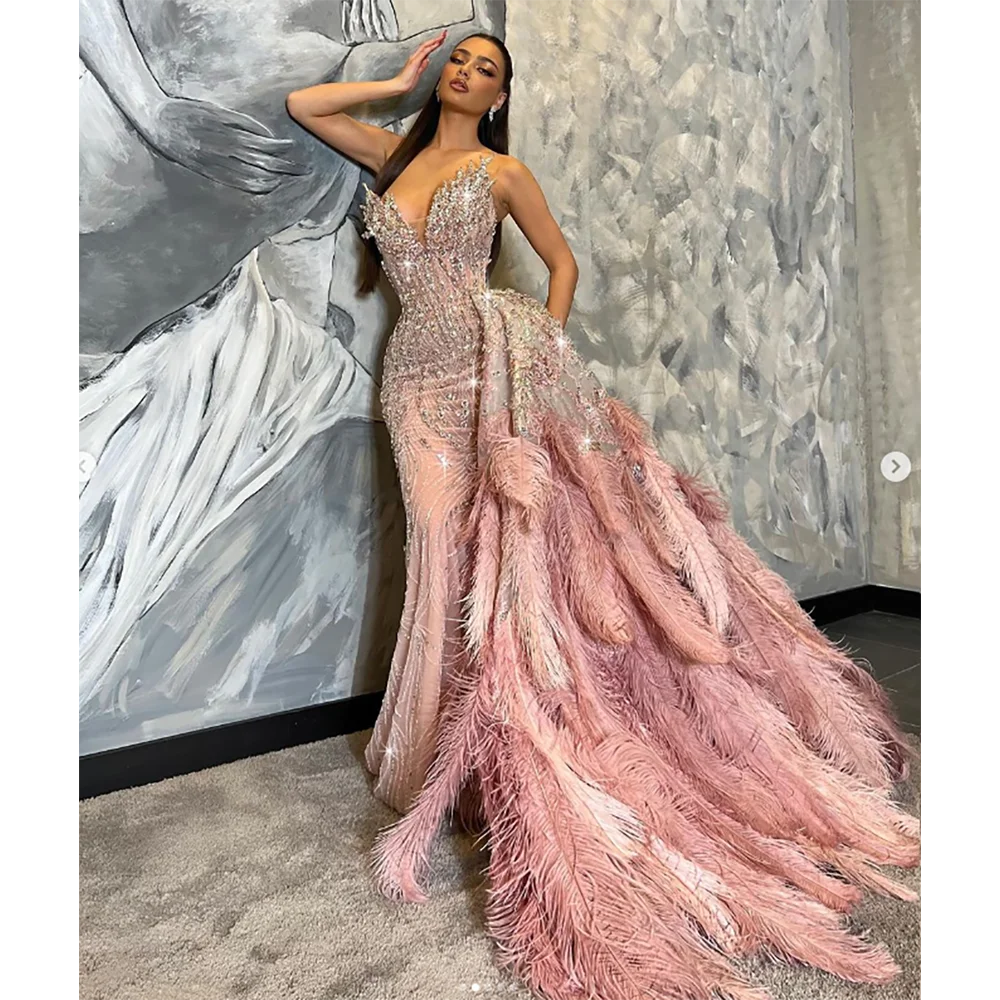 Luxury Strapless Pink Mermaid Evening Dress With Feather And Beads Formal Banquet Gown Vestido de novia