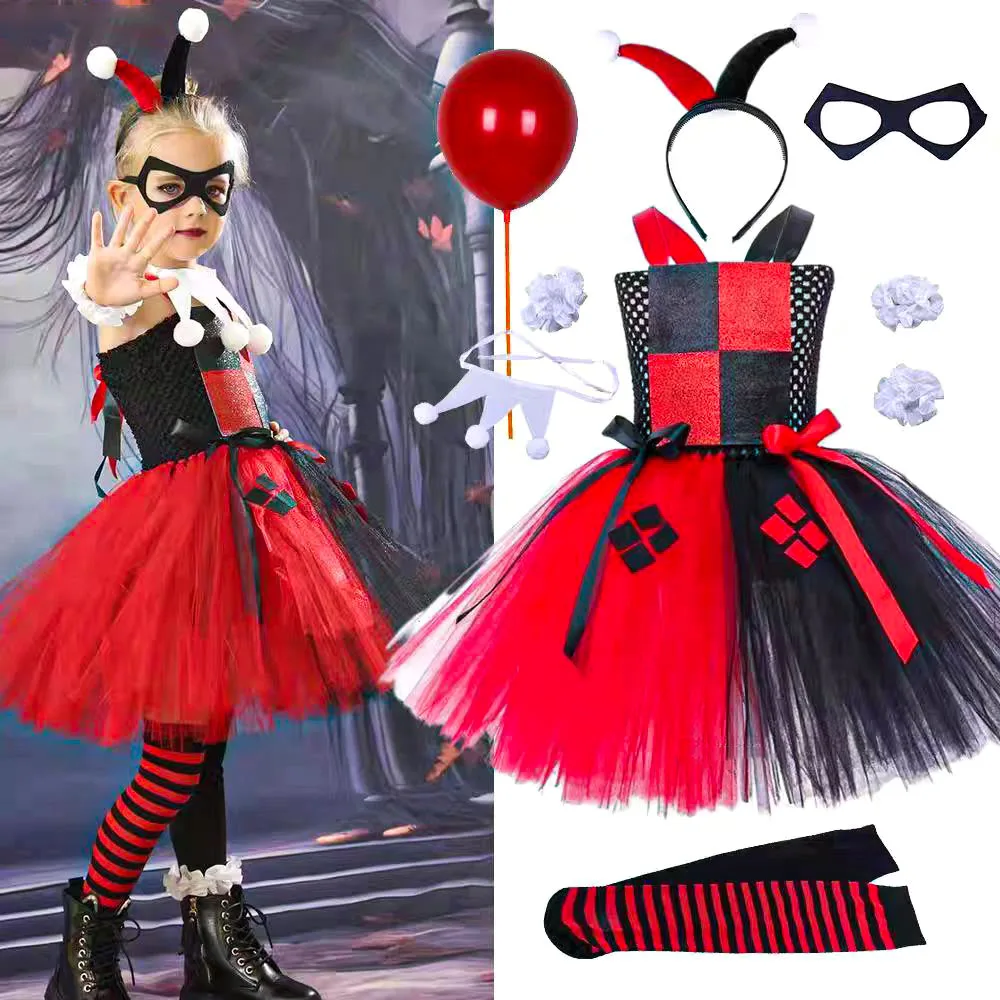 

2025 Girls Halloween Clown Joker Costume Children Fancy Cosplay Clothes Red Black Villains Killer Dress For Kids Birthday Gifts