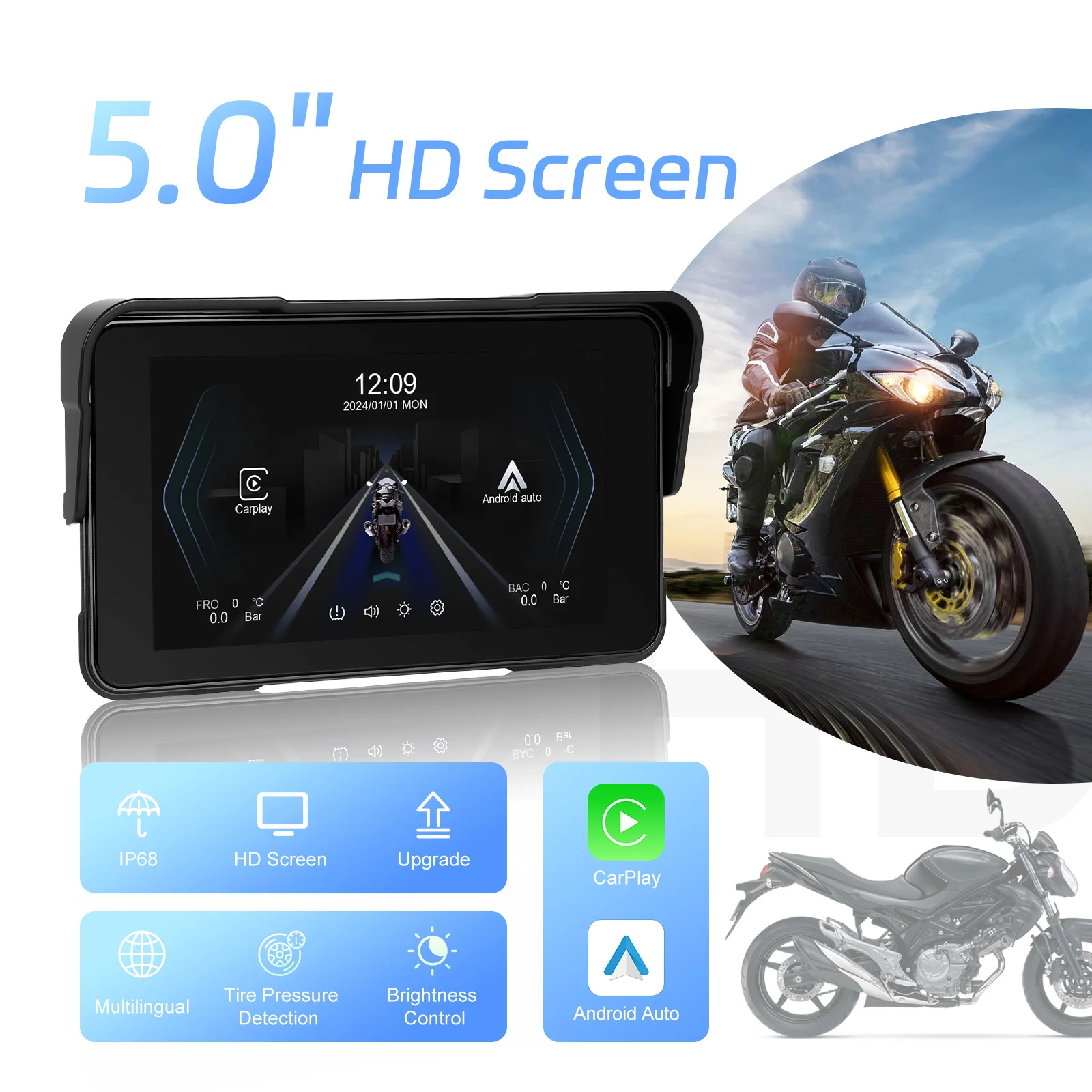 Camecho 5 Zoll Tragbares Digitales Motorrad-Armaturenbrett GPS Motorrad-Navigationsdisplay Drahtloses CarPlay Moto Android Auto