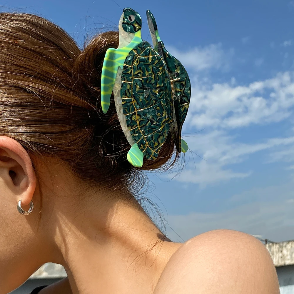 Oversize Green Sea Turtle Hair Clip Claw For Women Creative Acetate Geometric Shark Hairpin Crab Clamp Hair Accessories Tool