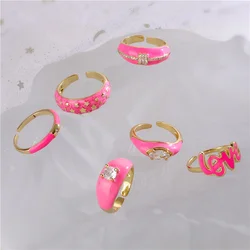 Sweet Open Enamel Finger Ring Neon Rose red Pink Copper Gold Plated Ring For Women Wedding Small Jewelry Adjustable