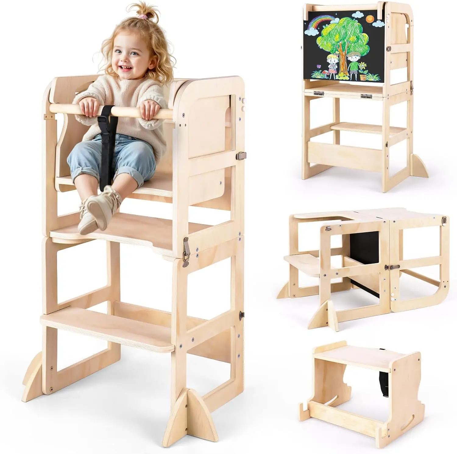 Step Stool with Wooden Stool, Foldable Learning Standing Tower with Blackboard & Feeding Tray, Wooden Kitchen Stool Helper for K