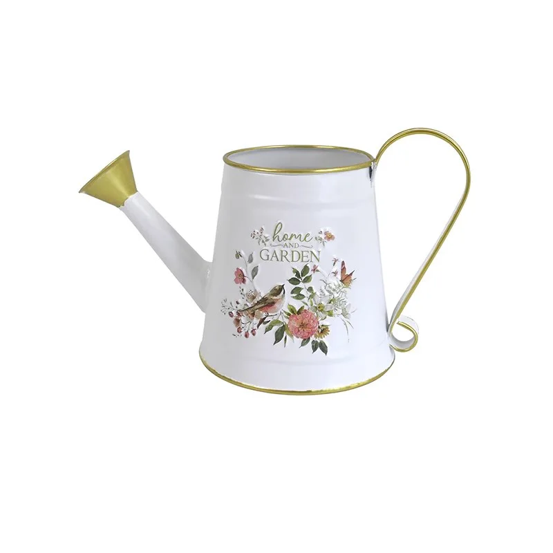 

Vintage Home and Garden Decorative Watering Can, White Metal with Gold Trim, Floral Design, 11 x 6.5 x 5.5 Inches, 1.5L Capacity