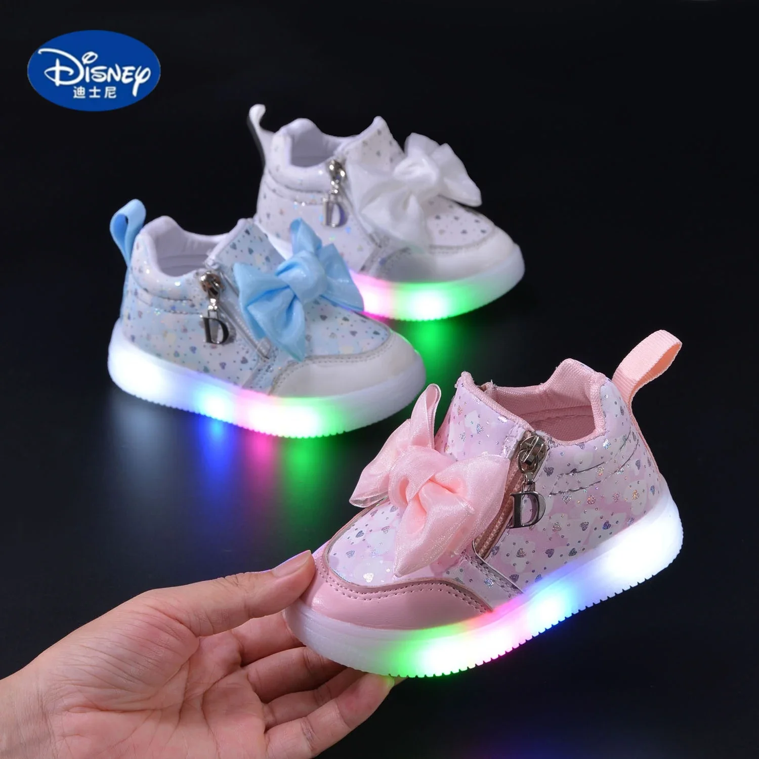 Tênis com laço iluminado Disney 2025 – Sapatos com sola macia com tema de princesa para meninas, sapatos casuais confortáveis e modernos