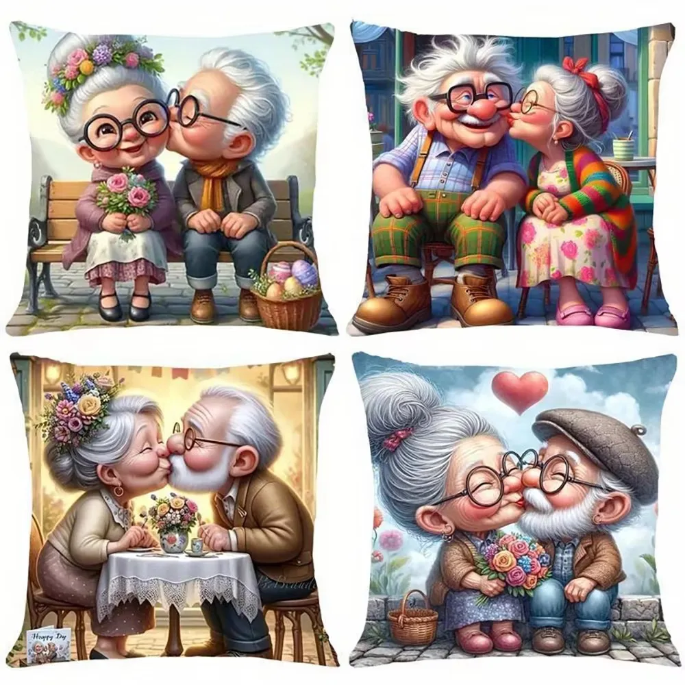 Double Sided Elderly Couple Art Pillow Cover, Share Warmth Love 2D Flat Print Polyester Cushion for Sofa Bedroom Living Room Gif