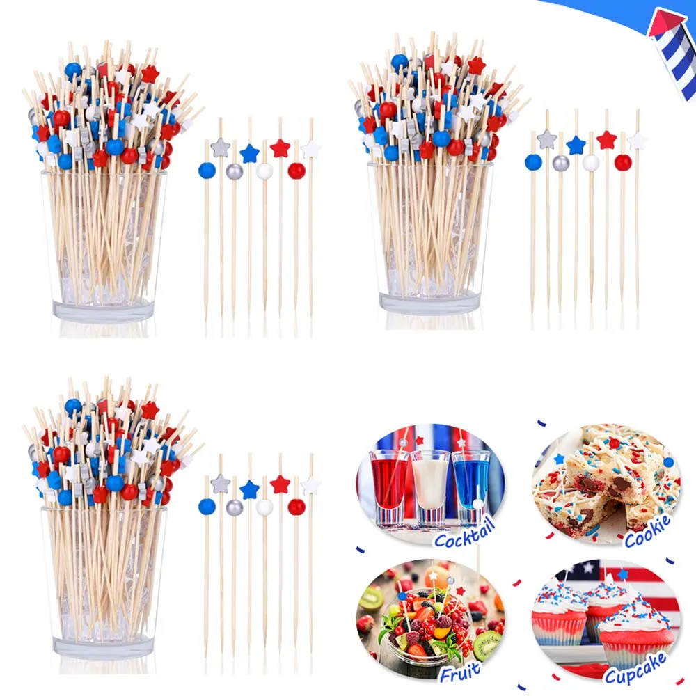 200Pcs Bamboo Cocktail Sticks Star Toothpicks Red White Blue Toothpicks for Appetizers Memorial Day 4th of July Party Supplies