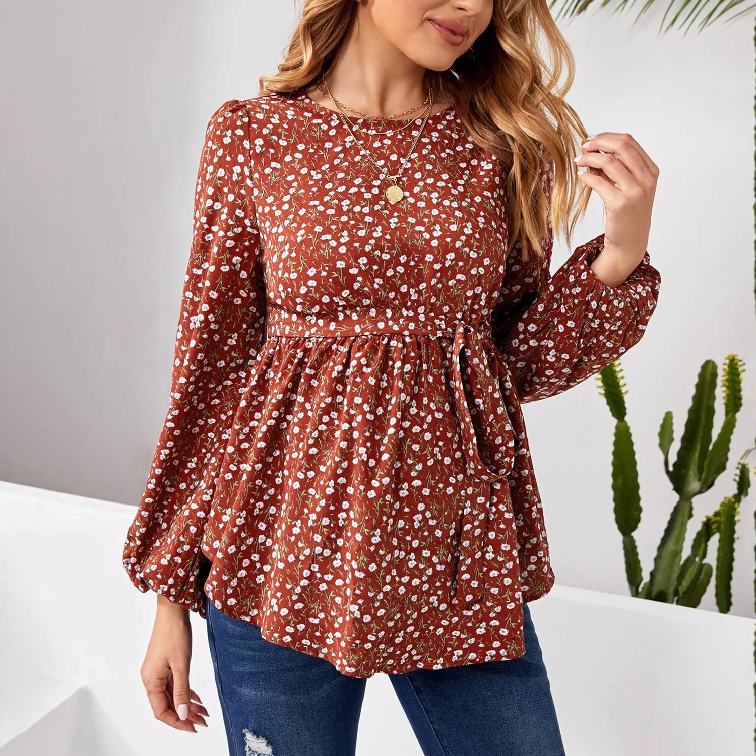 

Pregnant Women Floral Shirt Round Neck Button Design Waist Belt Ruffle Casual Top