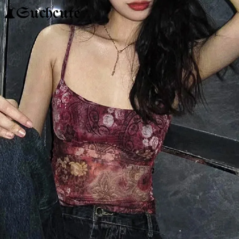 

SUCHCUTE Grunge Fairycore Floral Print Women T-shirt y2k See Through Sleeveless Mesh Crop Top Harajuku Streetwear Beach Vest 90S