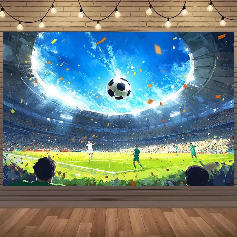 Anime Style Football Stadium Tapestry, Colorful Soccer Match with Players and Cheering Crowd Print Wall Hanging for Teen Bedroom