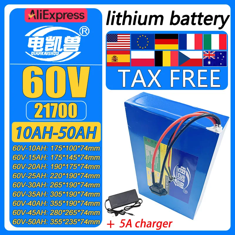 

60V 50Ah 45Ah 40Ah 35Ah 30Ah 25Ah 20Ah 15Ah 10Ah 21700 Lithium battery pack For 3000W E-scooter motorcycle tricycle BMS +charger