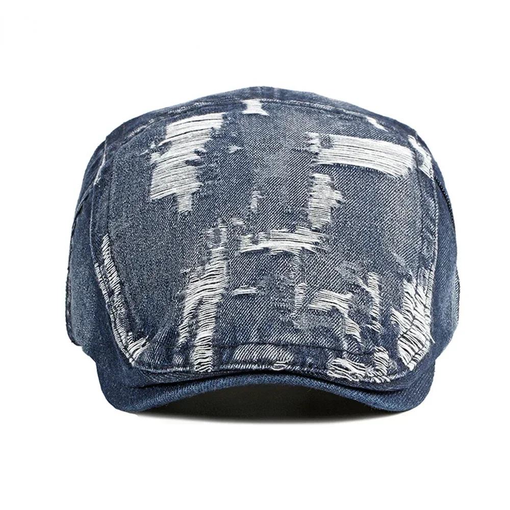 フラットキャップブルーファッションリッピング男性帽子夏のベレー帽男性女性カジュアルピークデニム運転調節可能なフラットキャップ調節可能な