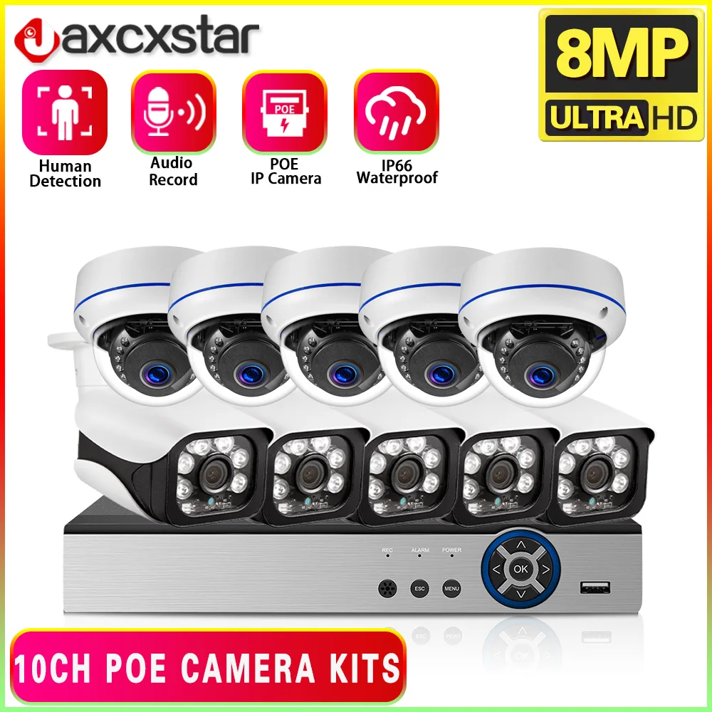 

4K POE CCTV Camera System Set 8CH POE NVR Kit Outdoor Waterproof 8MP 10CH IP Security Camera Video Surveillance System Kit P2P