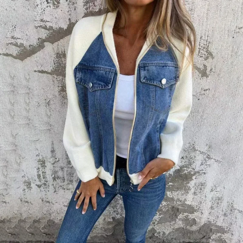 CPSYMYM Autumn Winter New Denim Patchwork Jacket Coat For Women'S Casual Fashion Shoulder Rubbing Long Sleeve V Neck Denim Jacke