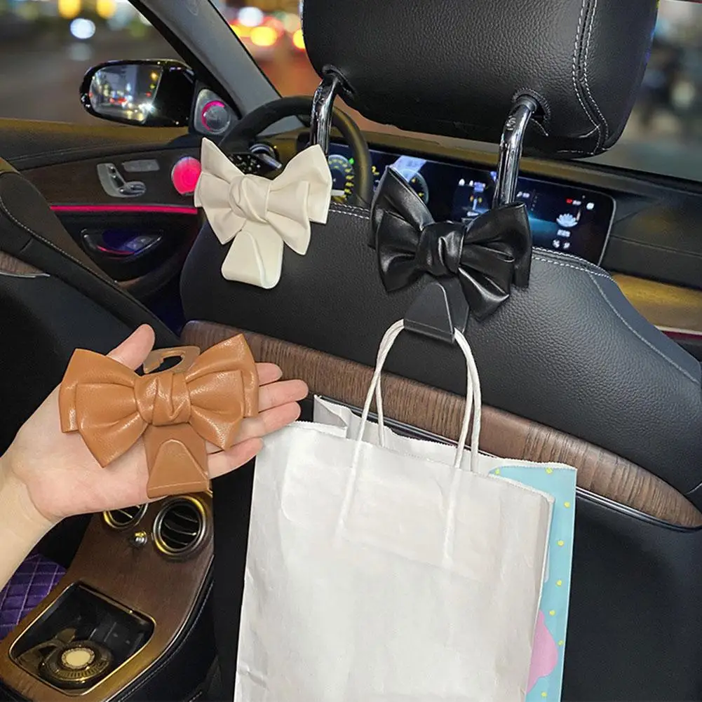 Car Seat Back Hook Bow Knot Storage Hook PU Leather Interior Accessories Car Holder Auto Purse Bag Fastener Universal Clips R0S4