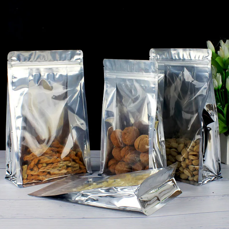 

50PCS 3D Thick Clear Front + Foil Back Visiable Bags Resealable Snack Coffee Tea Nuts Dried Fruits Meat Gifts Packaging Pouches