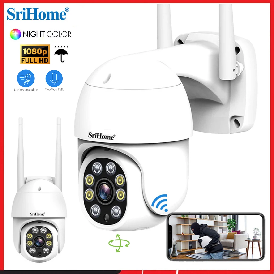 SriHome-Caméra de surveillance extérieure PTZ IP WiFi HD 2MP/5MP/SH052 (éventuelles 028), dispositif de sécurité sans fil, avec suivi automatique IA, audio bidirectionnel et vision nocturne