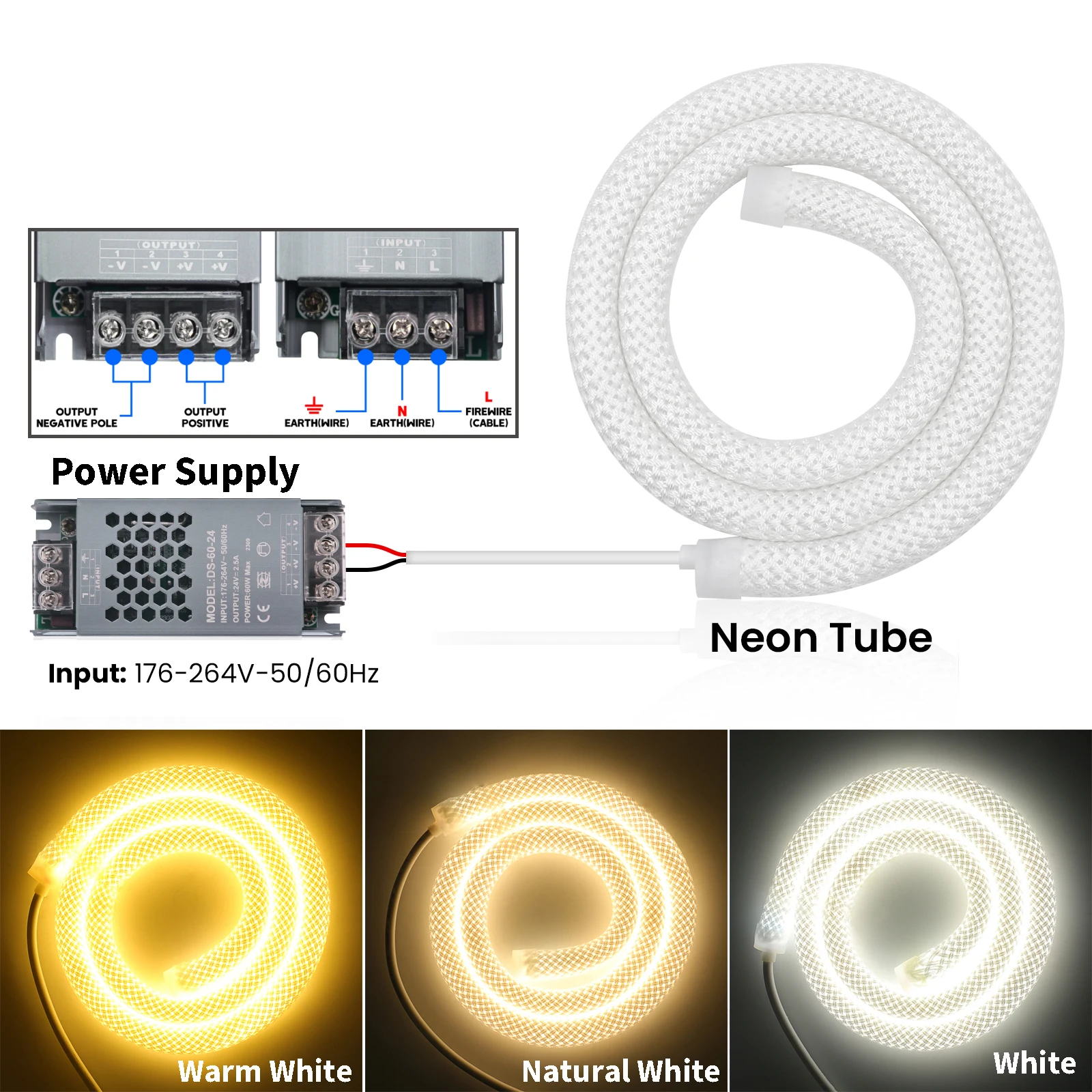 12V 24V Round Reticulate Neon LED Strip 360 Degree Warm/Natural/White Flex Silicon Light Tape Waterproof With Dimmer Power Kit